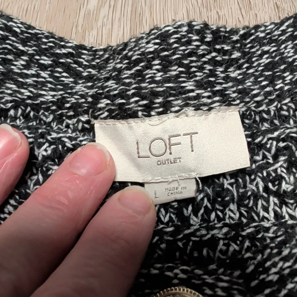 LOFT Outlet Womens L Button Up Marled Knit Cardigan Sweater Black‎ White Knit